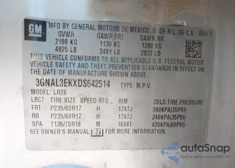 2013 Chevrolet Captiva Sport Lt z USA, uszkodzony, nr VIN 3GNAL3EKXDS642514